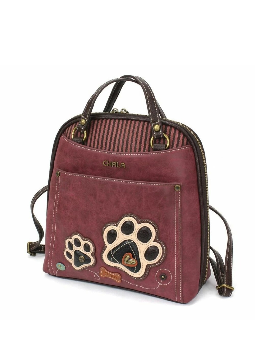 CHALA Convertible Backpack Purse Shoulder Tote Bag PAW PRINT Burgundy Red Artsy